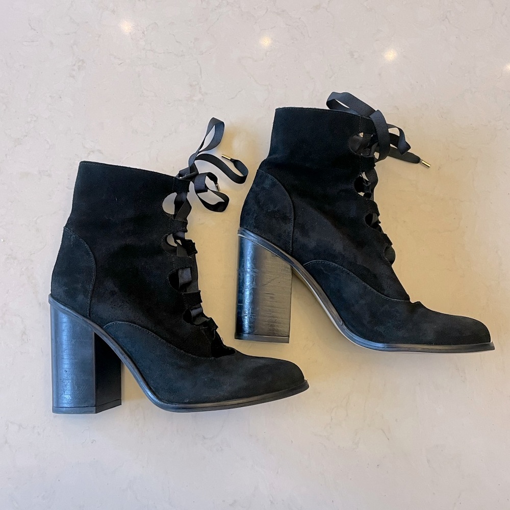 Topshop Women’s Leather Suede Ribbon Lace up Heeled Boots Booties Sz 37 LIKE NEW